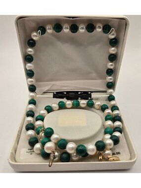 14K Gold Freshwater Pearl Malachite Bead Necklace 18" Bracelet Set 8mm